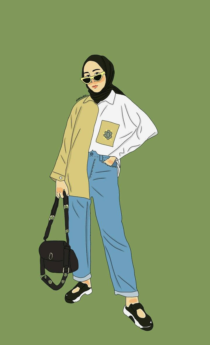 Cartoon Hijab Green Background Wallpaper