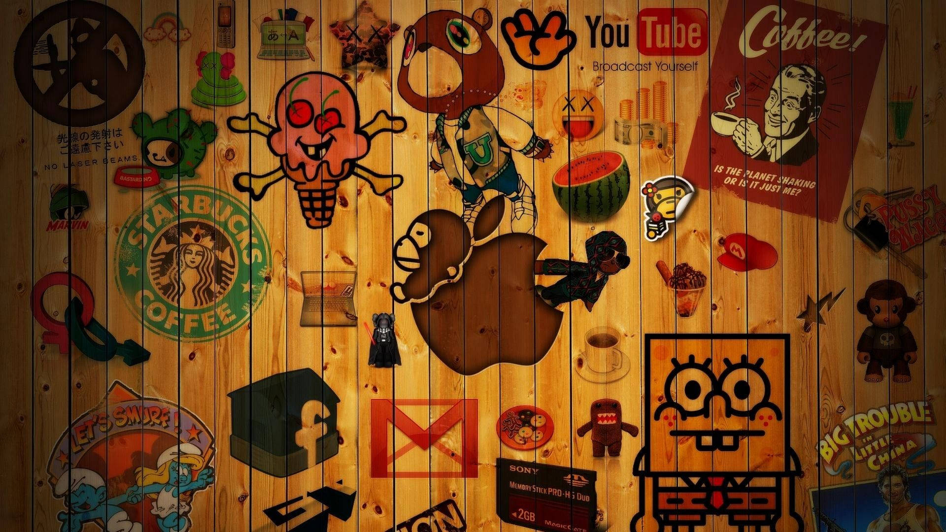 Cartoon Illustrations On Wooden Wall Wallpaper