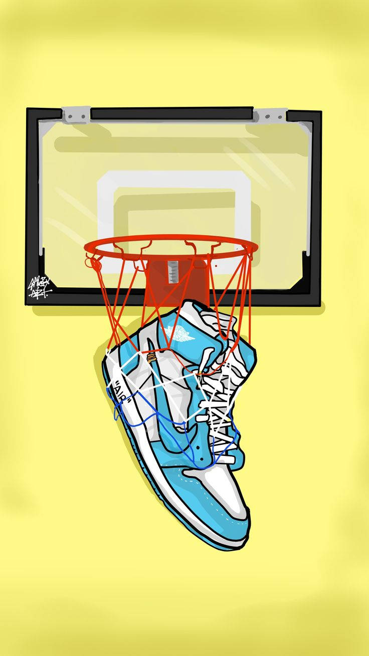 Cartoon Jordan Shoes On A Basketball Hoop Wallpaper