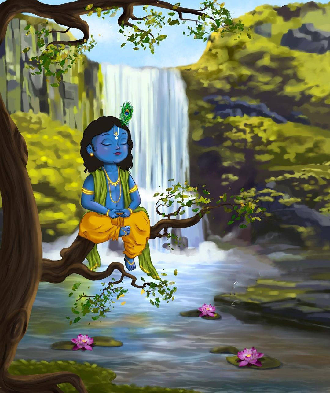 Cartoon Krishna Near Waterfall Wallpaper