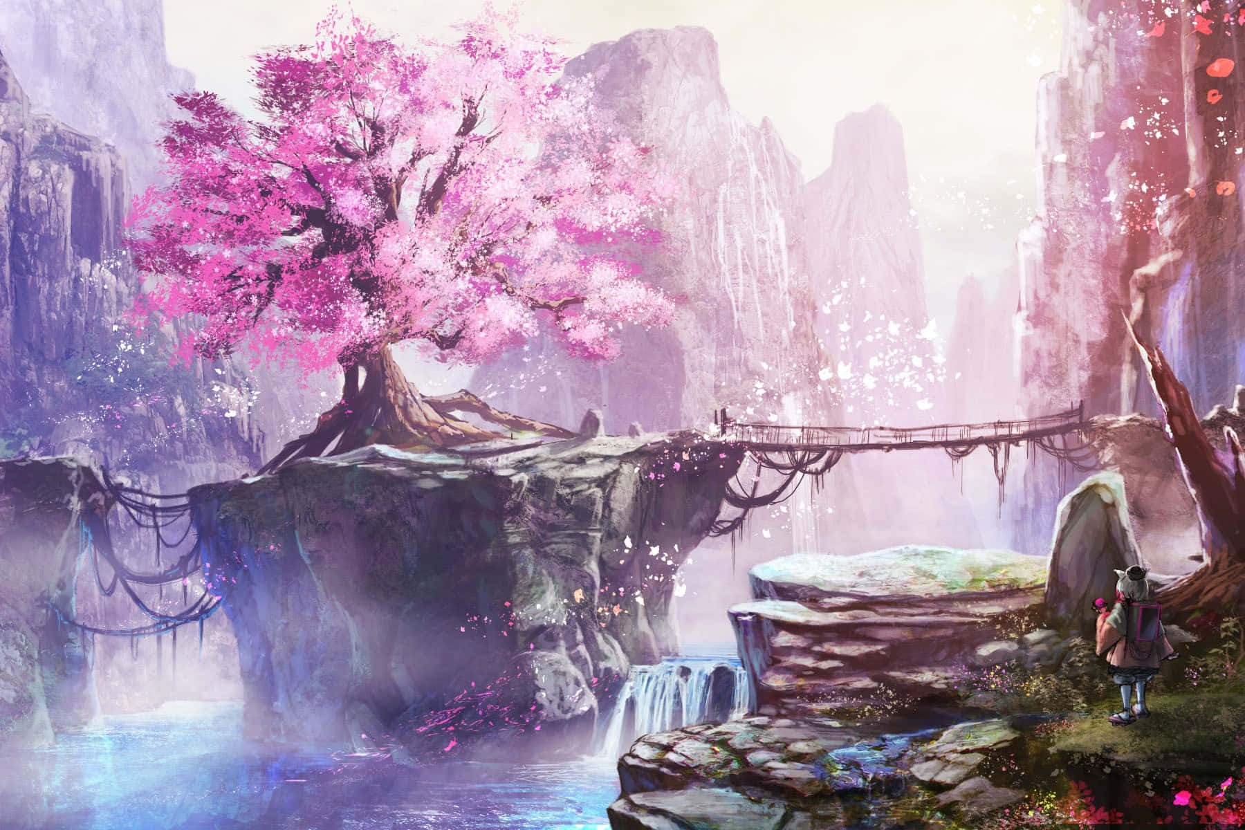 Cartoon Landscape Featuring A Dreamy Purple Lake Wallpaper