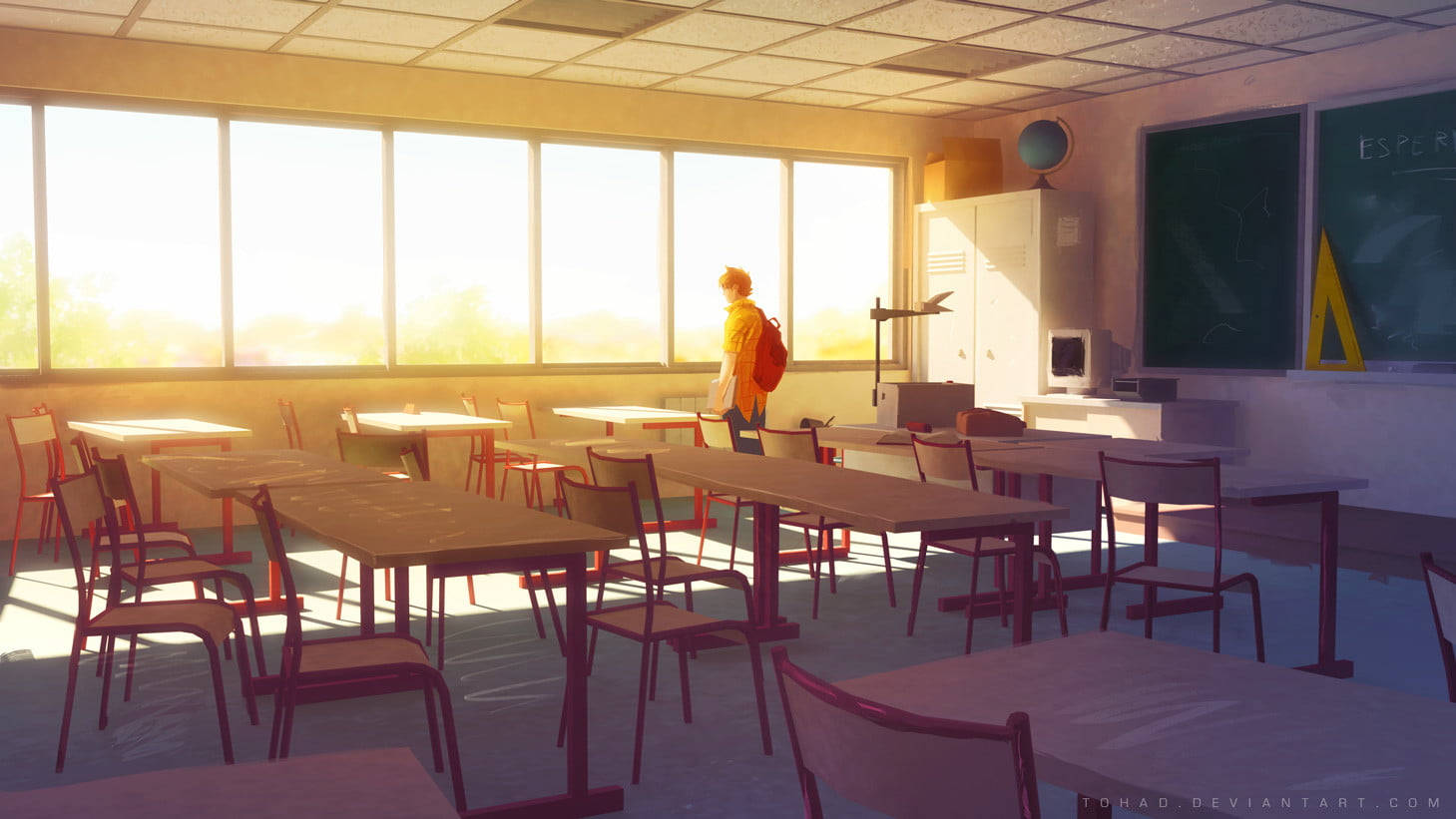 Cartoon Male Student Alone In A Classroom Wallpaper