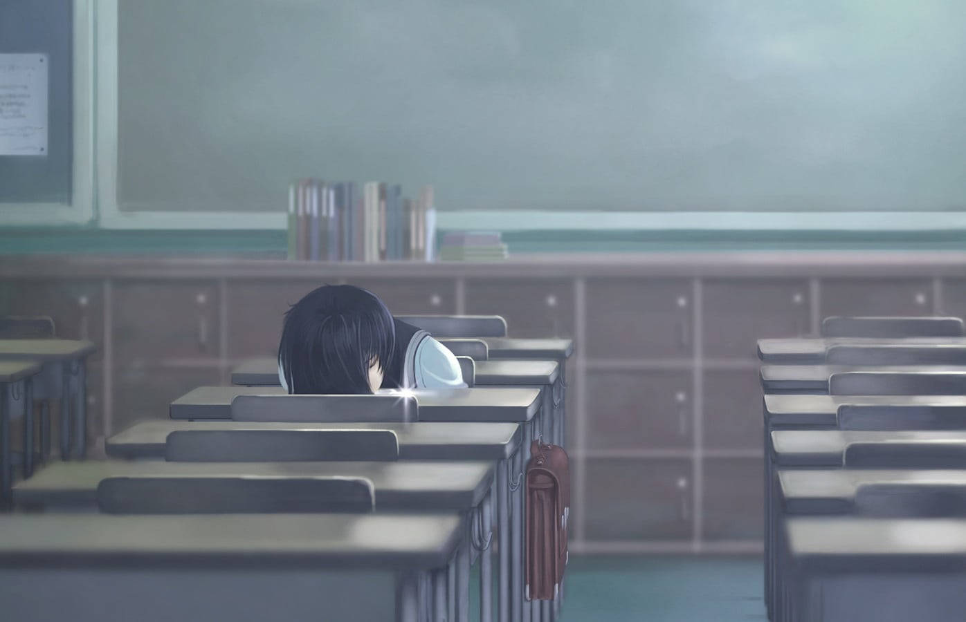 Cartoon Of Student Alone In A Classroom Wallpaper