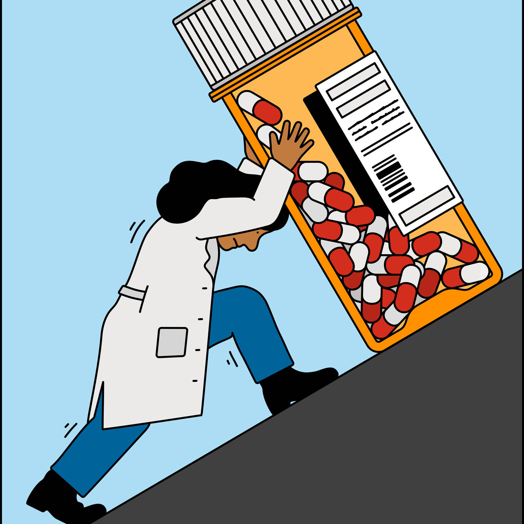 Cartoon Pharmacist Pushing Prescription Container Wallpaper
