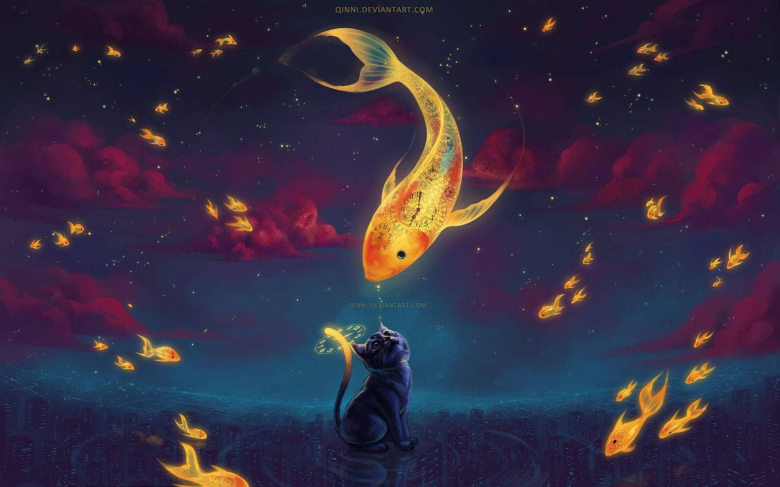 Cat And Flying Fishes Deviantart Wallpaper