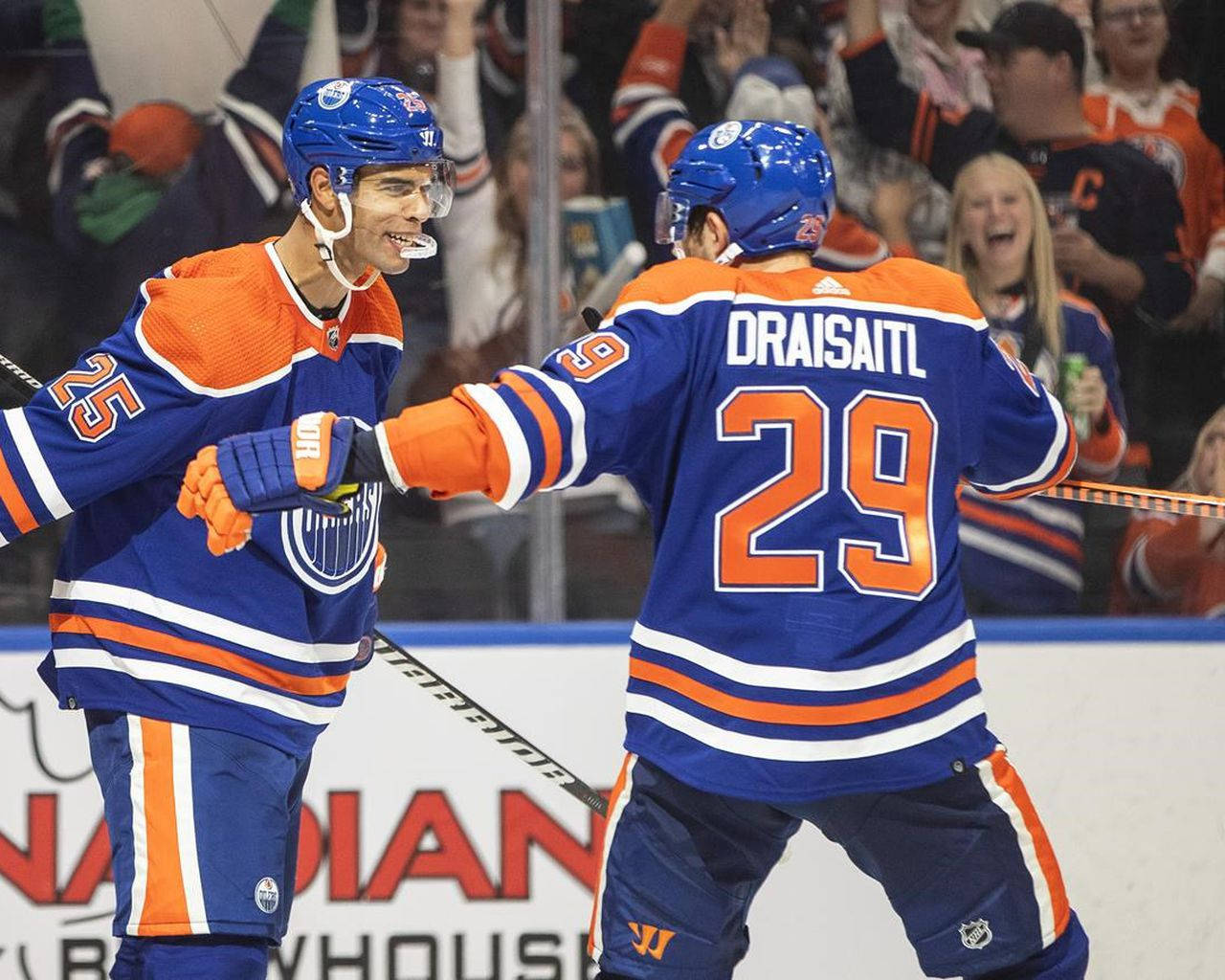 Celebrating Edmonton Oilers Darnell Nurse And Connor Mcdavid Wallpaper