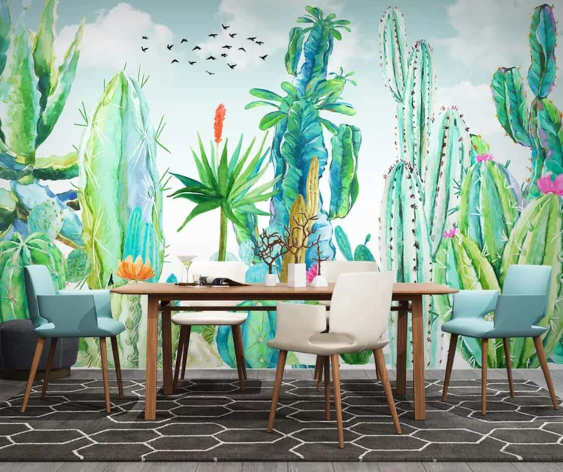 Chic Dining Room Decorated With A Vibrant Cactus Flower Wallpaper