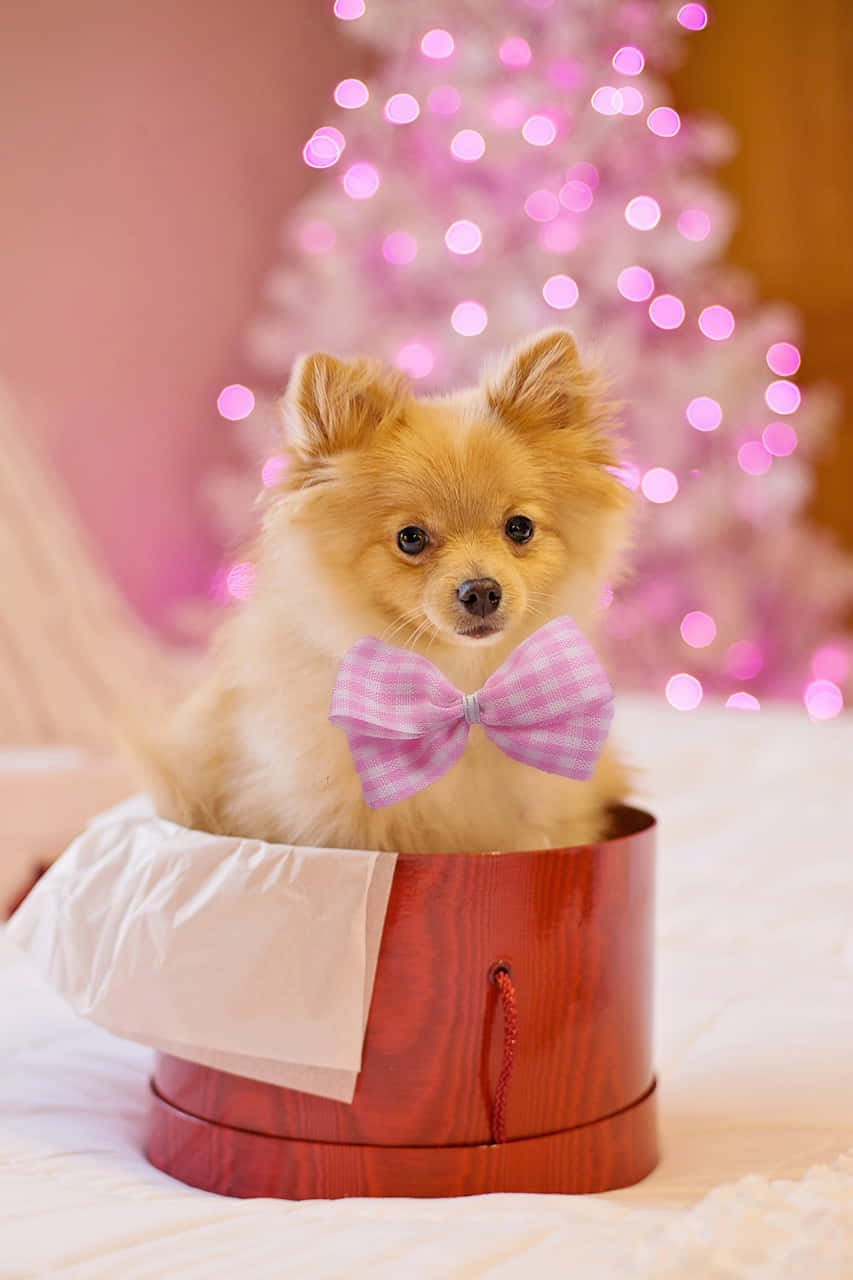 Christmas Dog In A Gift Box Wallpaper