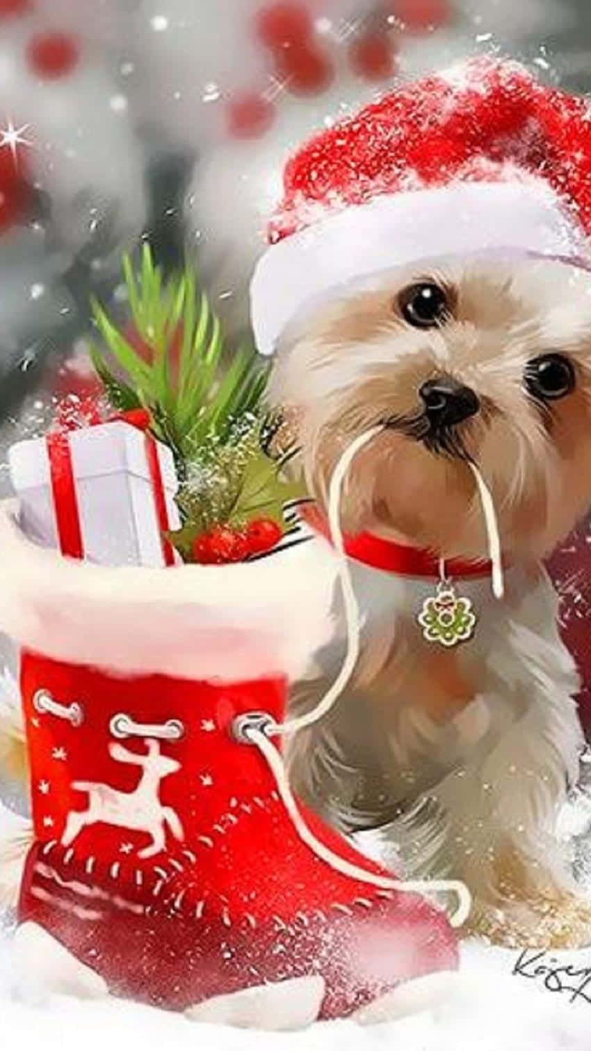 Christmas Dog Pulling String Wallpaper