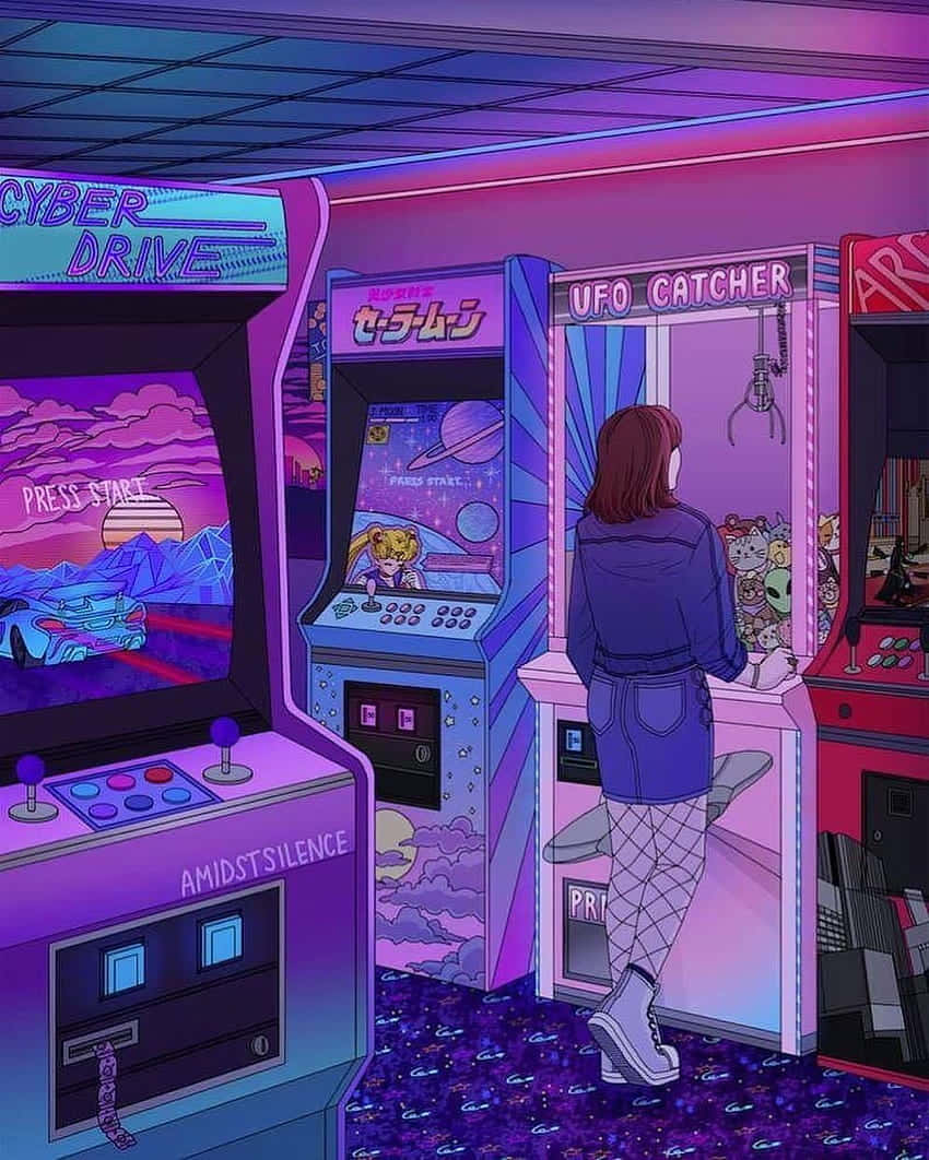 Classic Vintage Anime Scene In An Arcade Wallpaper