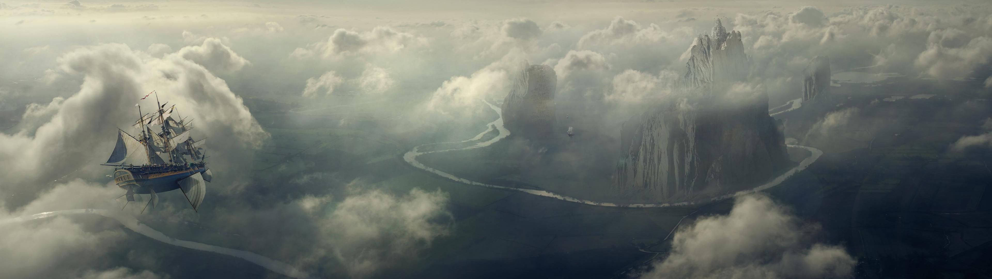 Clouds And Floating Ship Dual Monitor Wallpaper