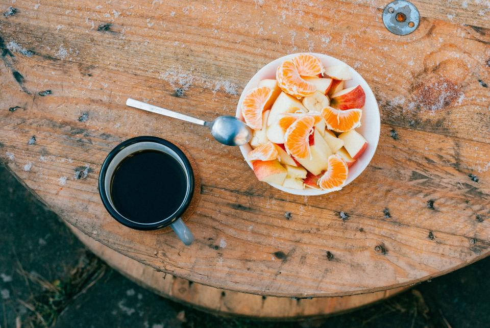 Coffee With Bowl Of Fruits Wallpaper
