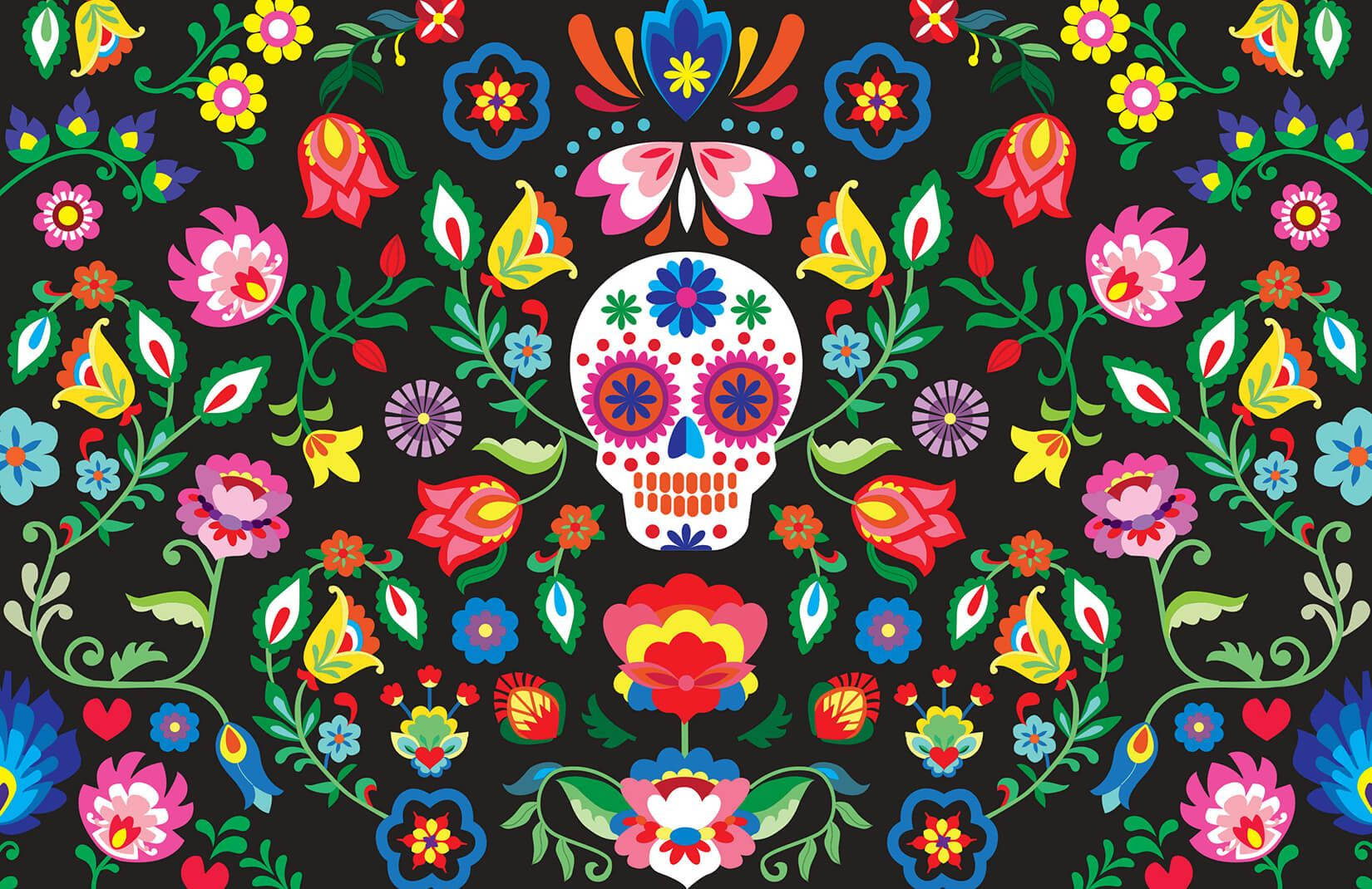 Colorful Flowers And Sugar Skull Wallpaper