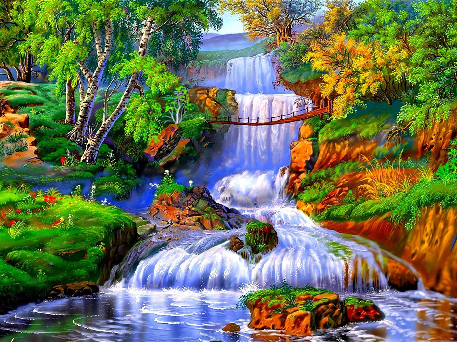 Colorful Forest Beautiful Waterfall Wallpaper