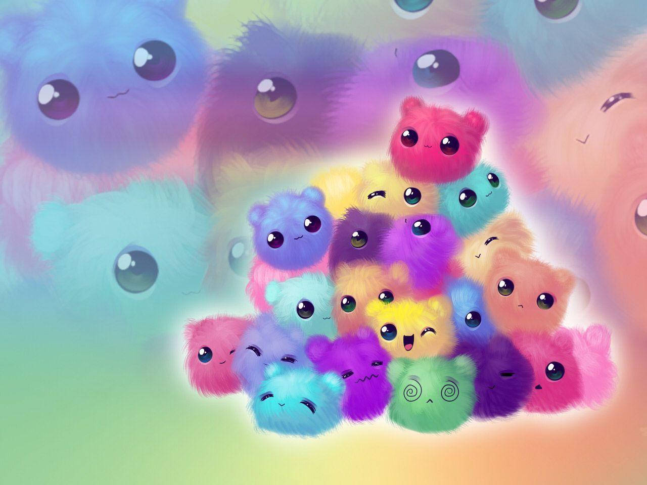 Colorful Fuzzy Creatures Pile Cute Computer Wallpaper