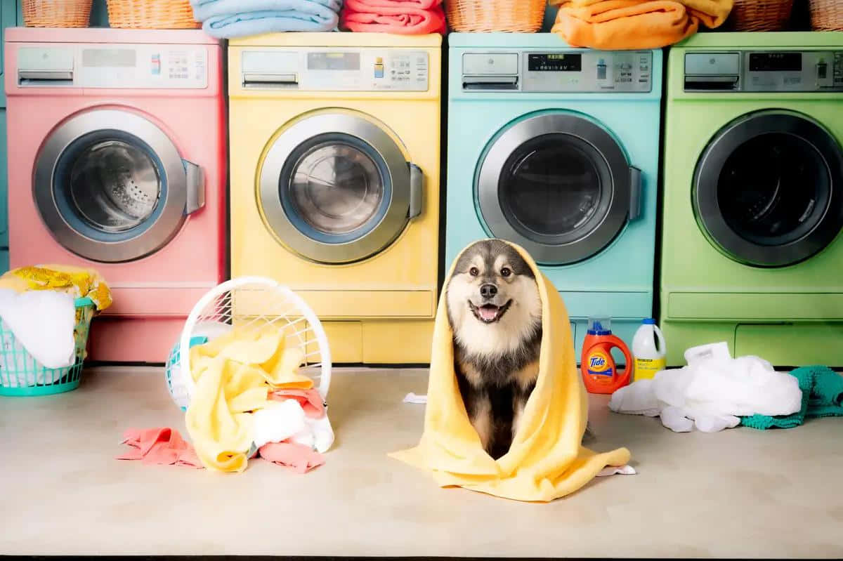 Colorful Laundromat Dog Helping With Laundry Wallpaper