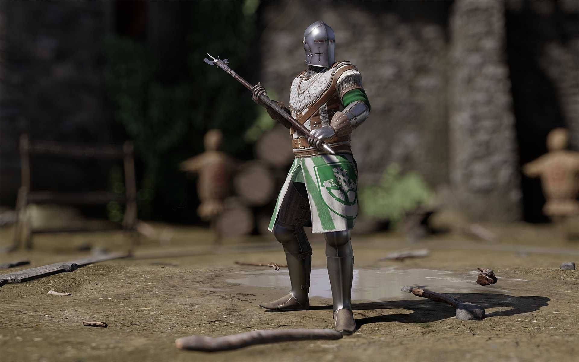 Confident Mordhau Mercenary Holding A Pole Axe Wallpaper