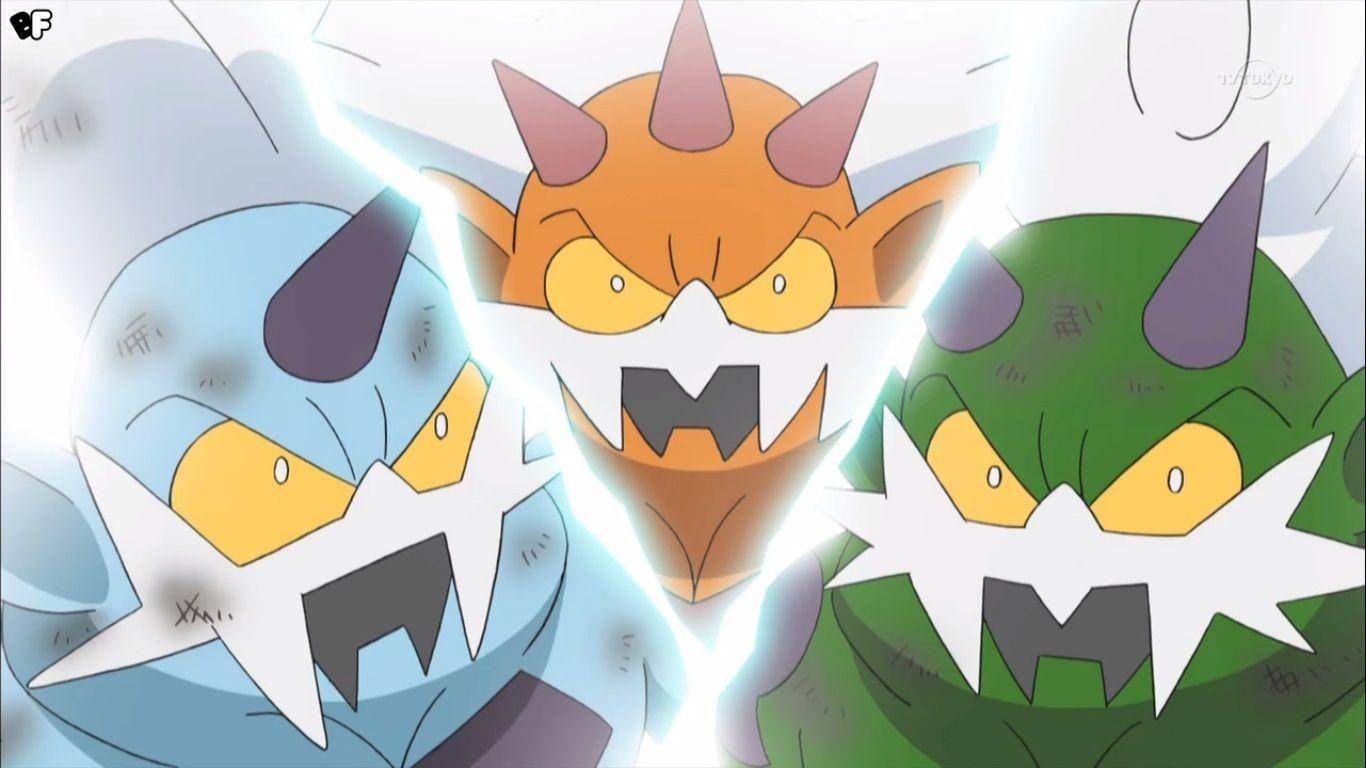 Confrontation Unveiled: Landorus, Thundurus, And Tornadus Showdown Wallpaper