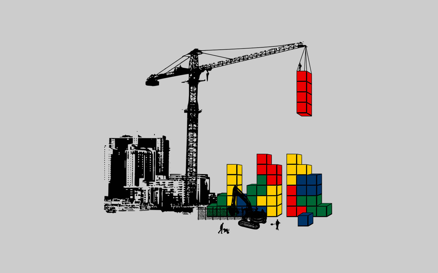Construction Crane Building With Tetris Blocks Wallpaper