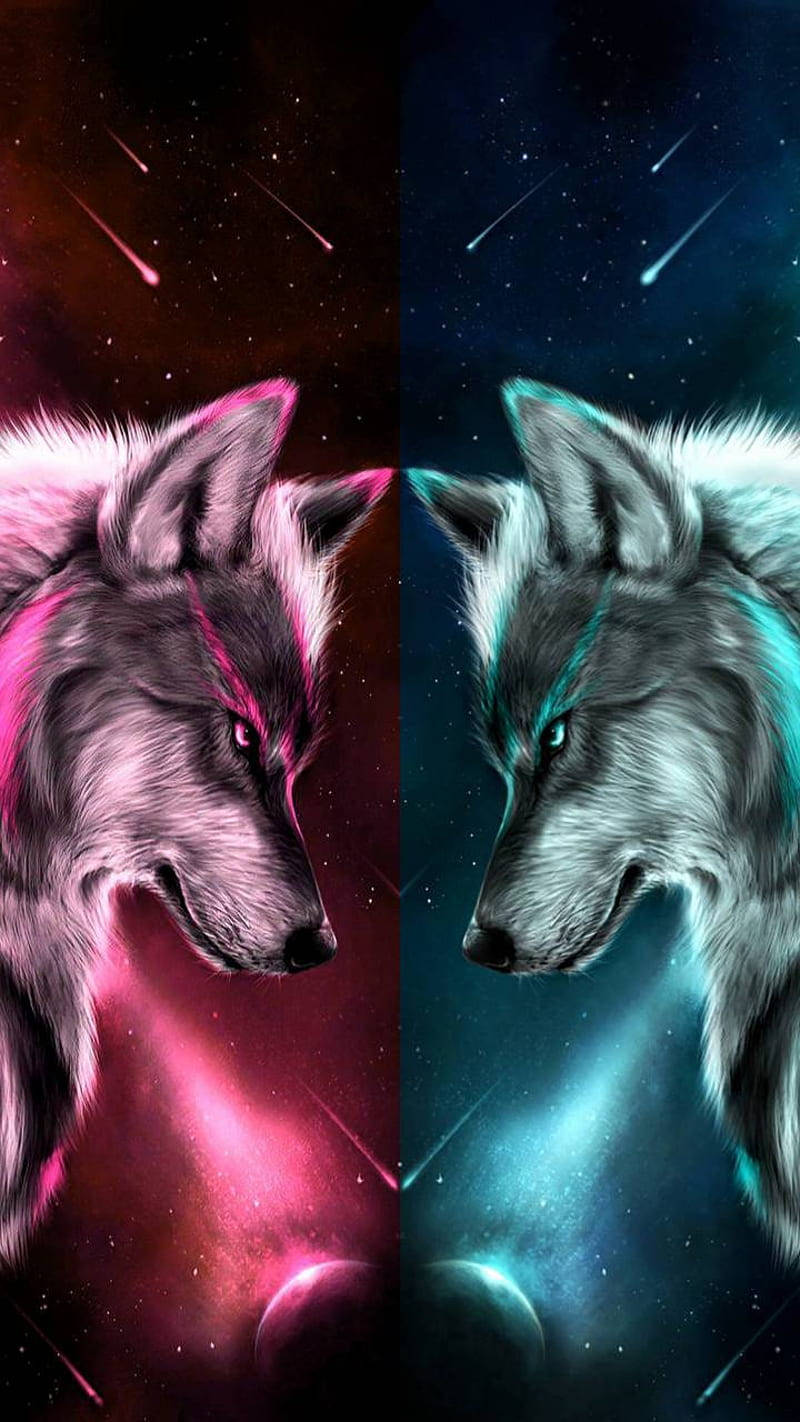 Cool Pink And Blue Galaxy Wolf Staredown Wallpaper