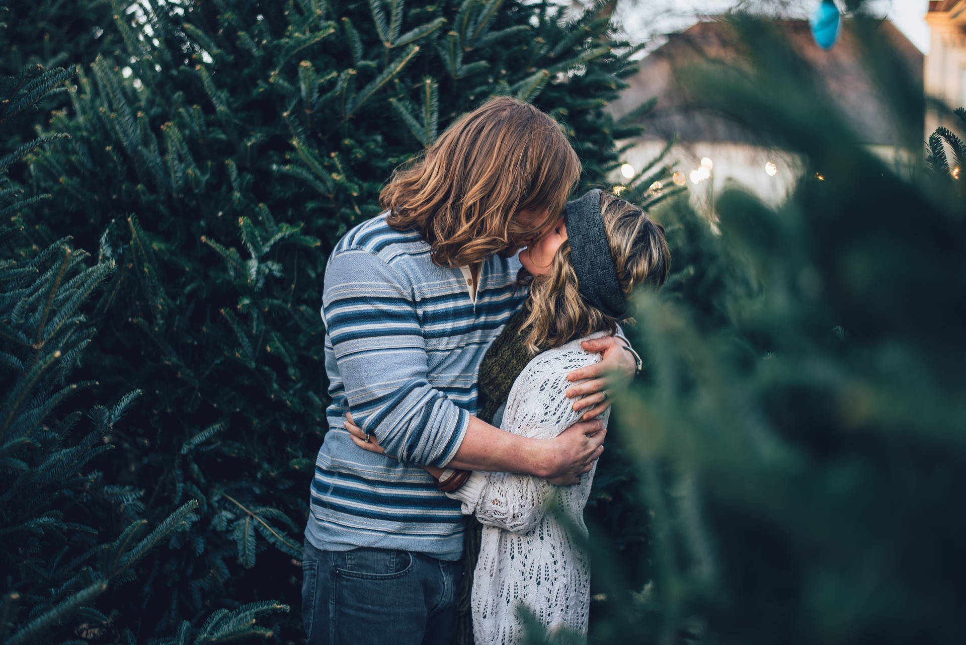 Couple Hugging And Kissing By The Pine Trees Wallpaper