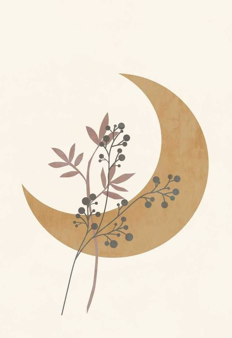 Crescent Moon And Leaf Branch Boho Iphone Wallpaper