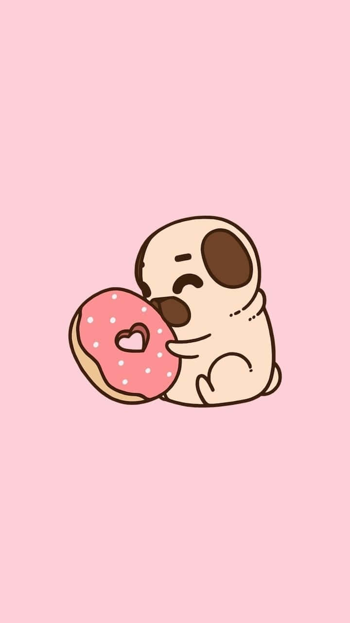 Cute Animals Cartoon Pug With Donut Wallpaper