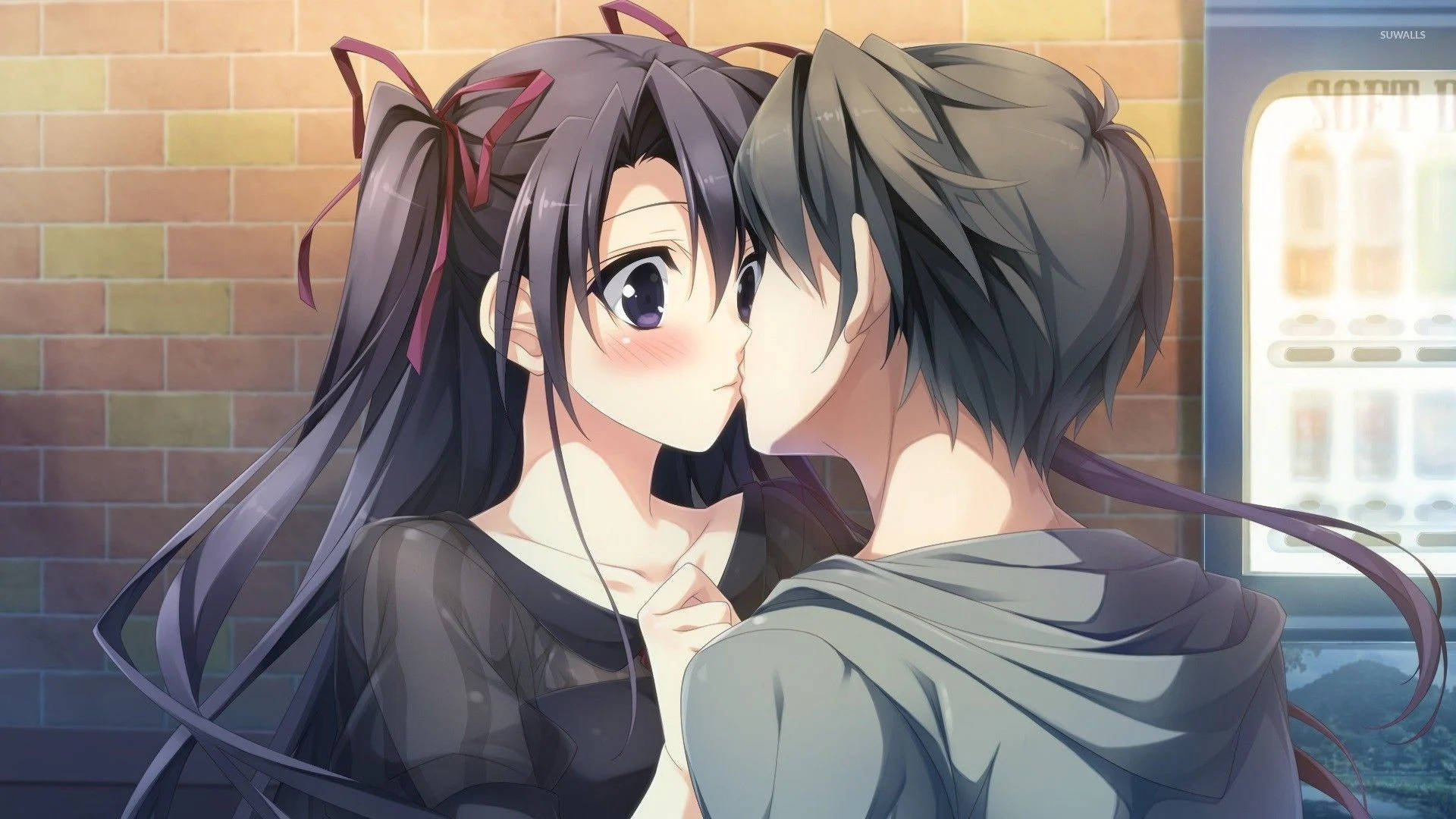 Cute Anime Couple Kiss Against Brick Wall Wallpaper
