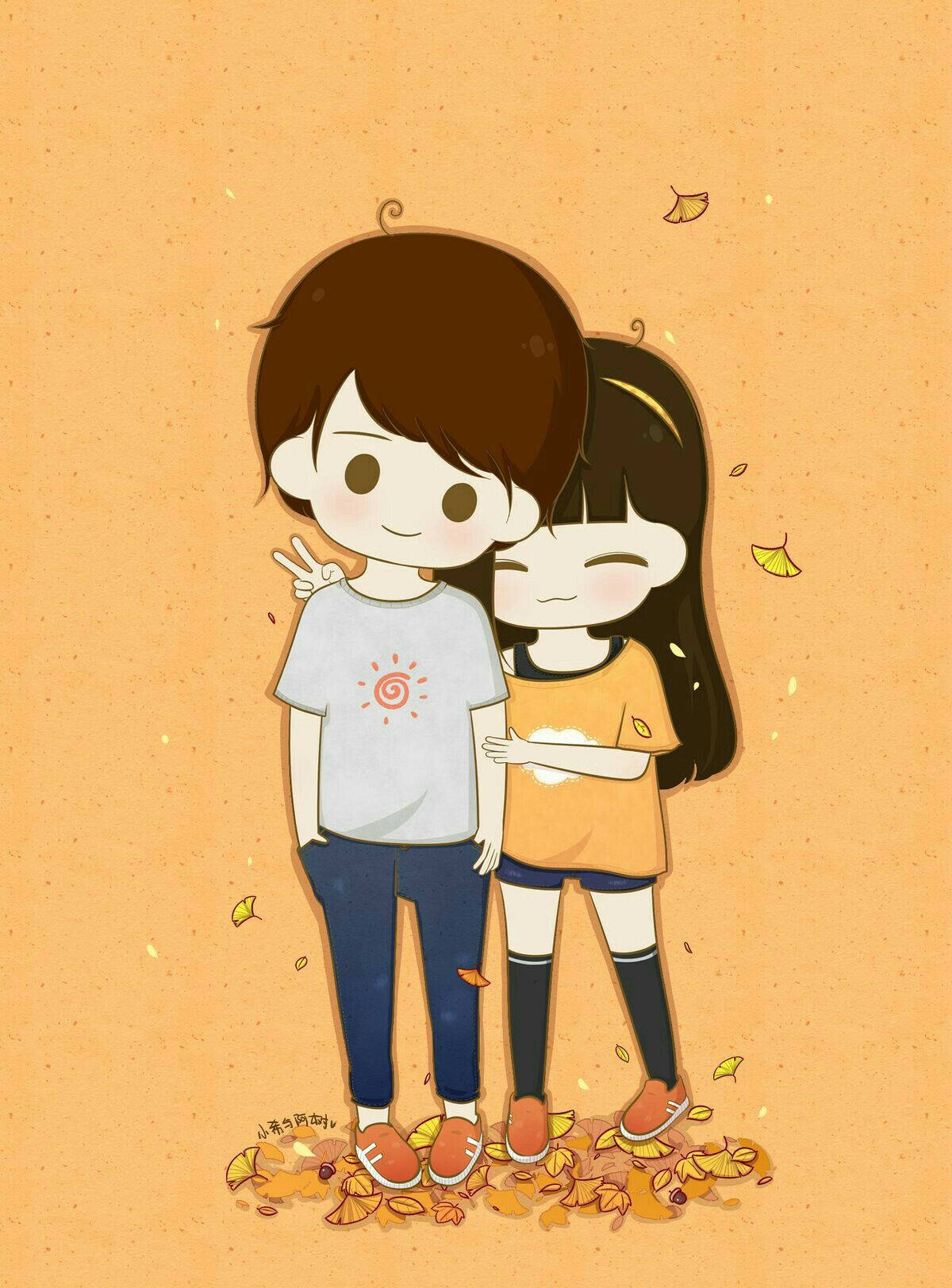 Cute Autumn Cartoon Couple Wallpaper