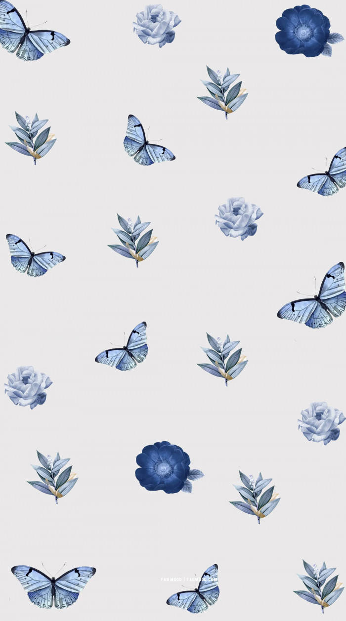 Cute Blue Phone Butterflies And Flowers Wallpaper