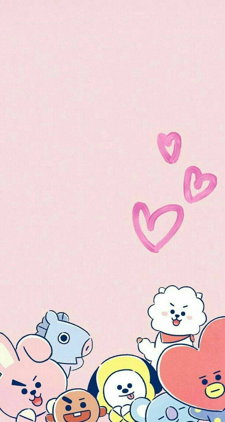 Cute Bt21 Characters Hearts Outline Wallpaper