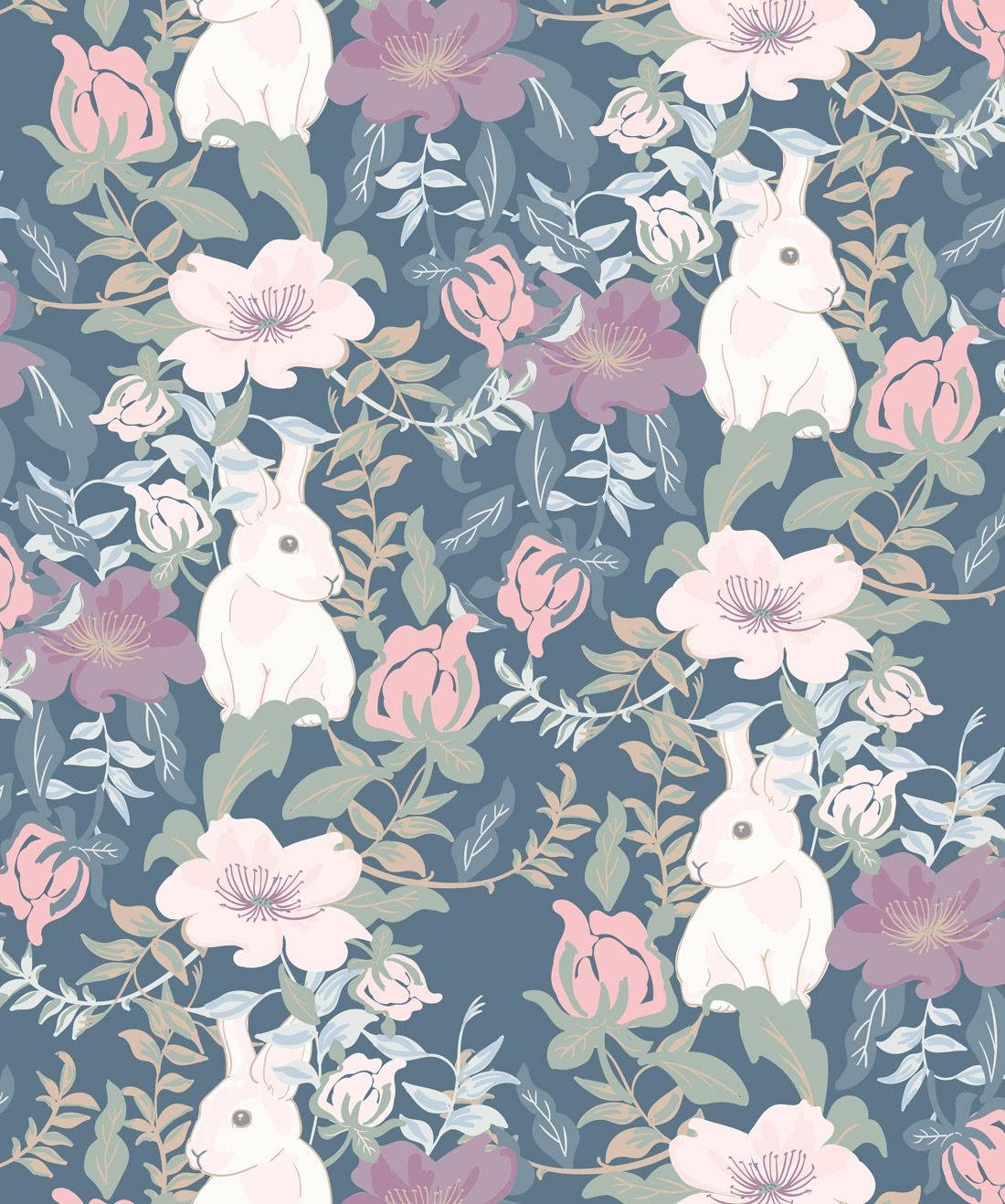 Cute Bunny On Floral Design Wallpaper