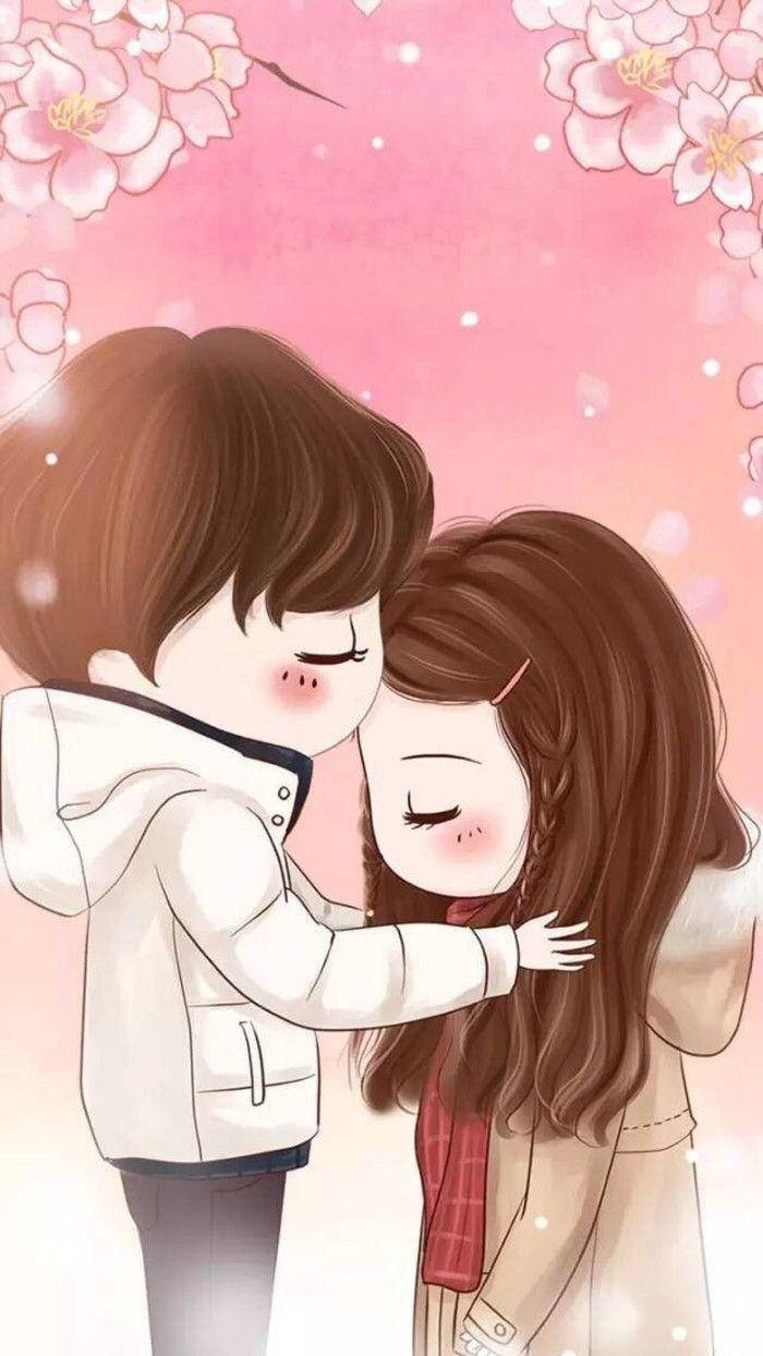 Cute Cartoon Couple Kissing Under Cherry Blossoms Wallpaper
