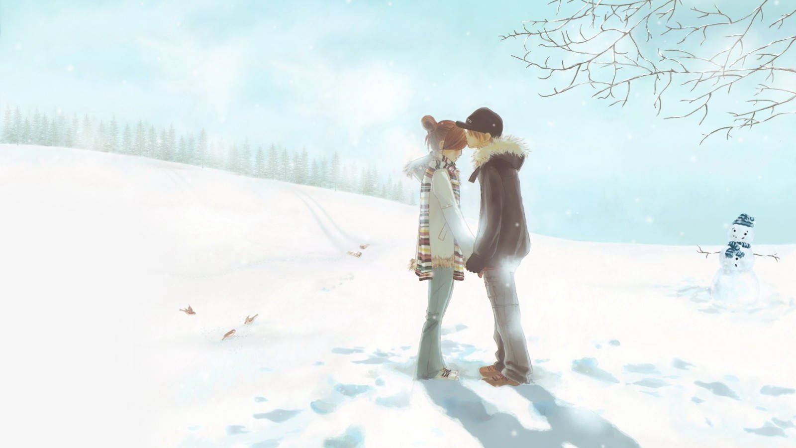 Cute Cartoon Couple On Snow Wallpaper