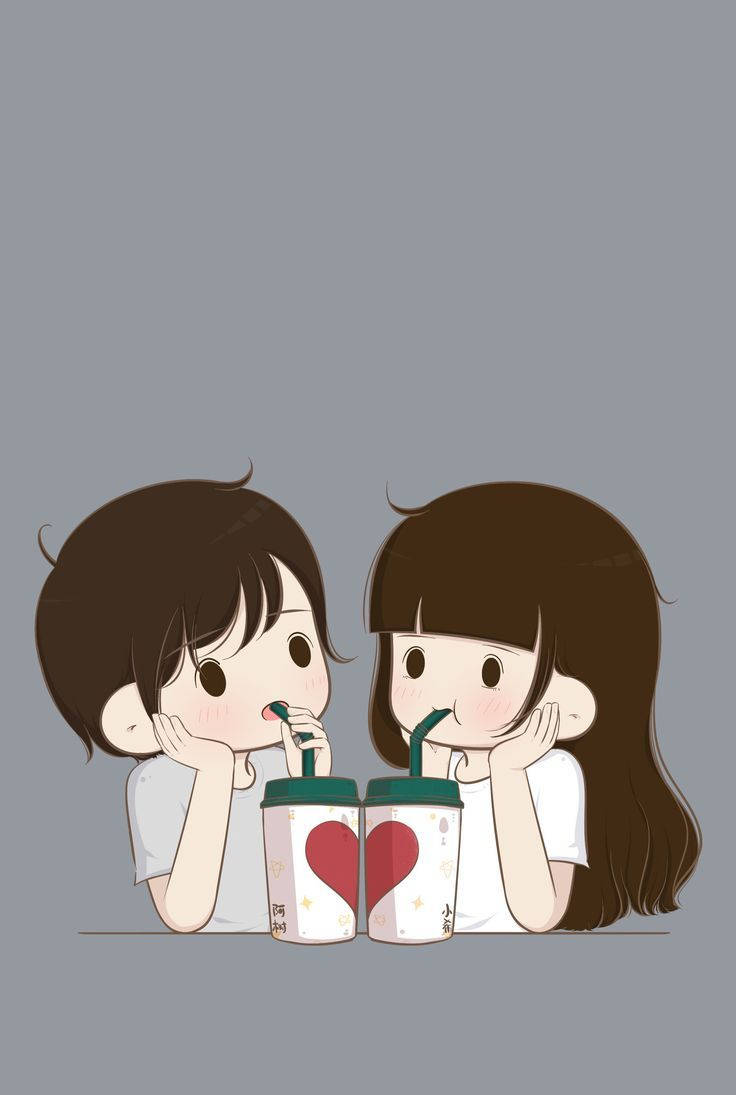 Cute Cartoon Couple Sipping From Tumblers Wallpaper