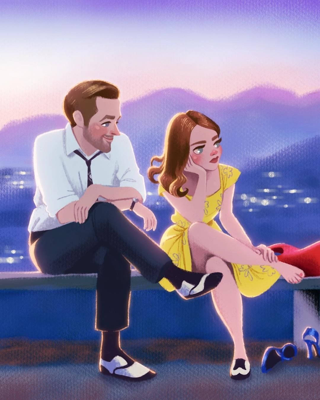 Cute Cartoon Couple Sitting Together Wallpaper