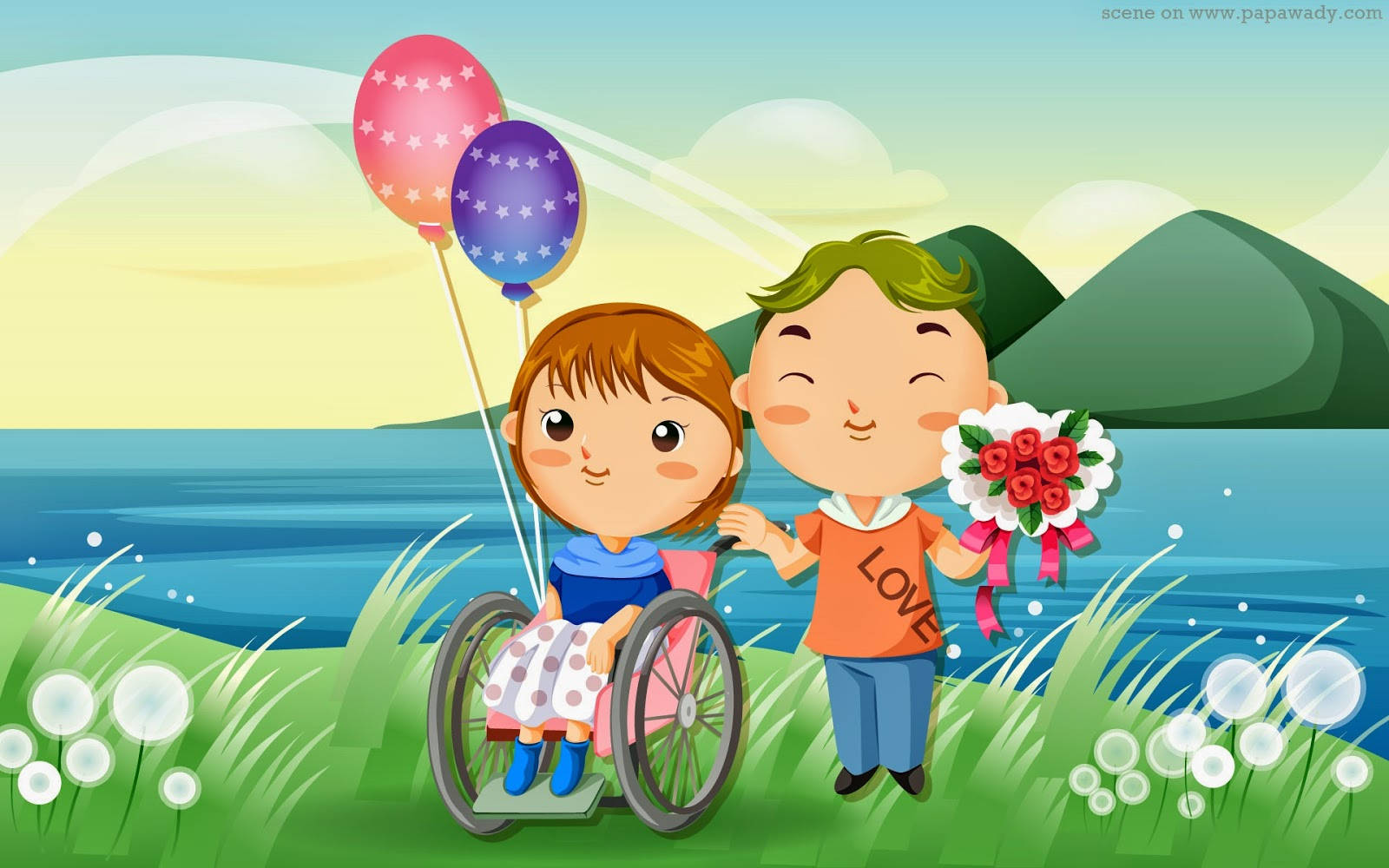 Cute Cartoon Couple Wheelchair Wallpaper