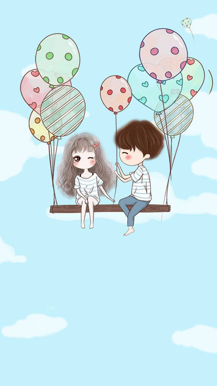 Cute Couple Cartoon Balloons In The Sky Wallpaper