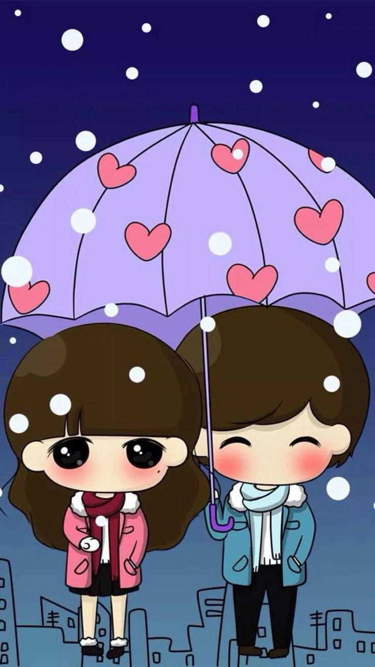 Cute Couple Cartoon Purple Umbrella Wallpaper