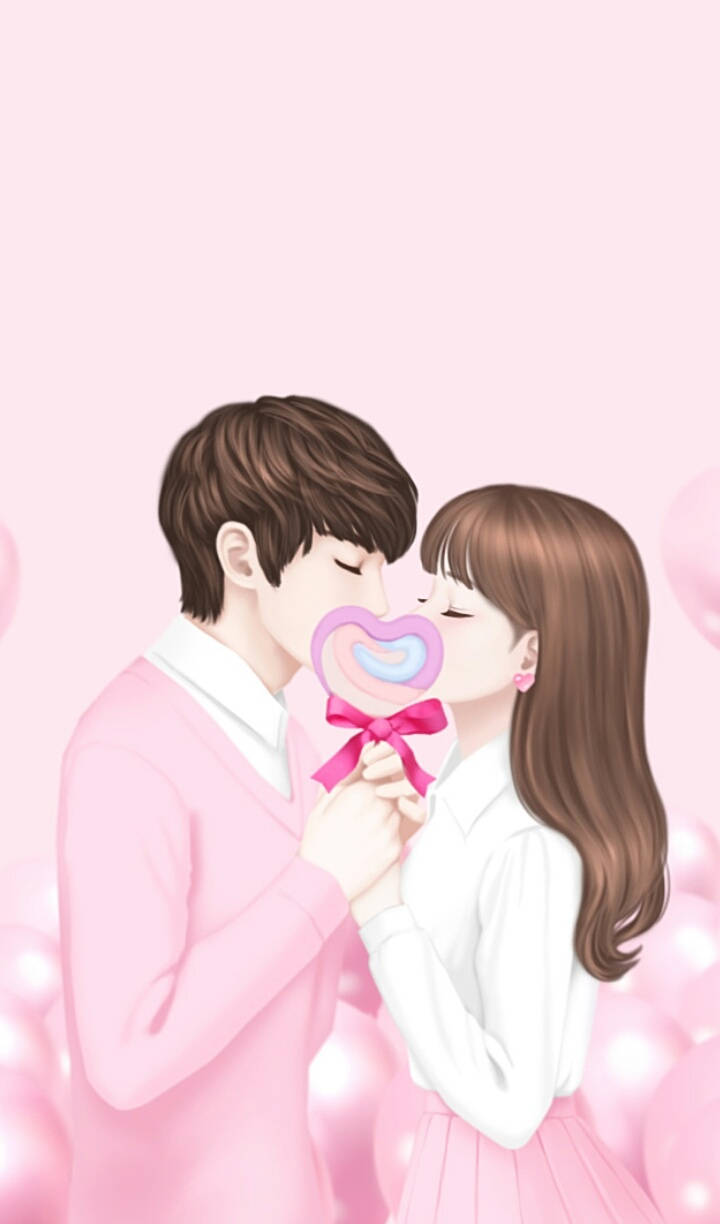 Cute Couple Holding Heart Lollipop Wallpaper
