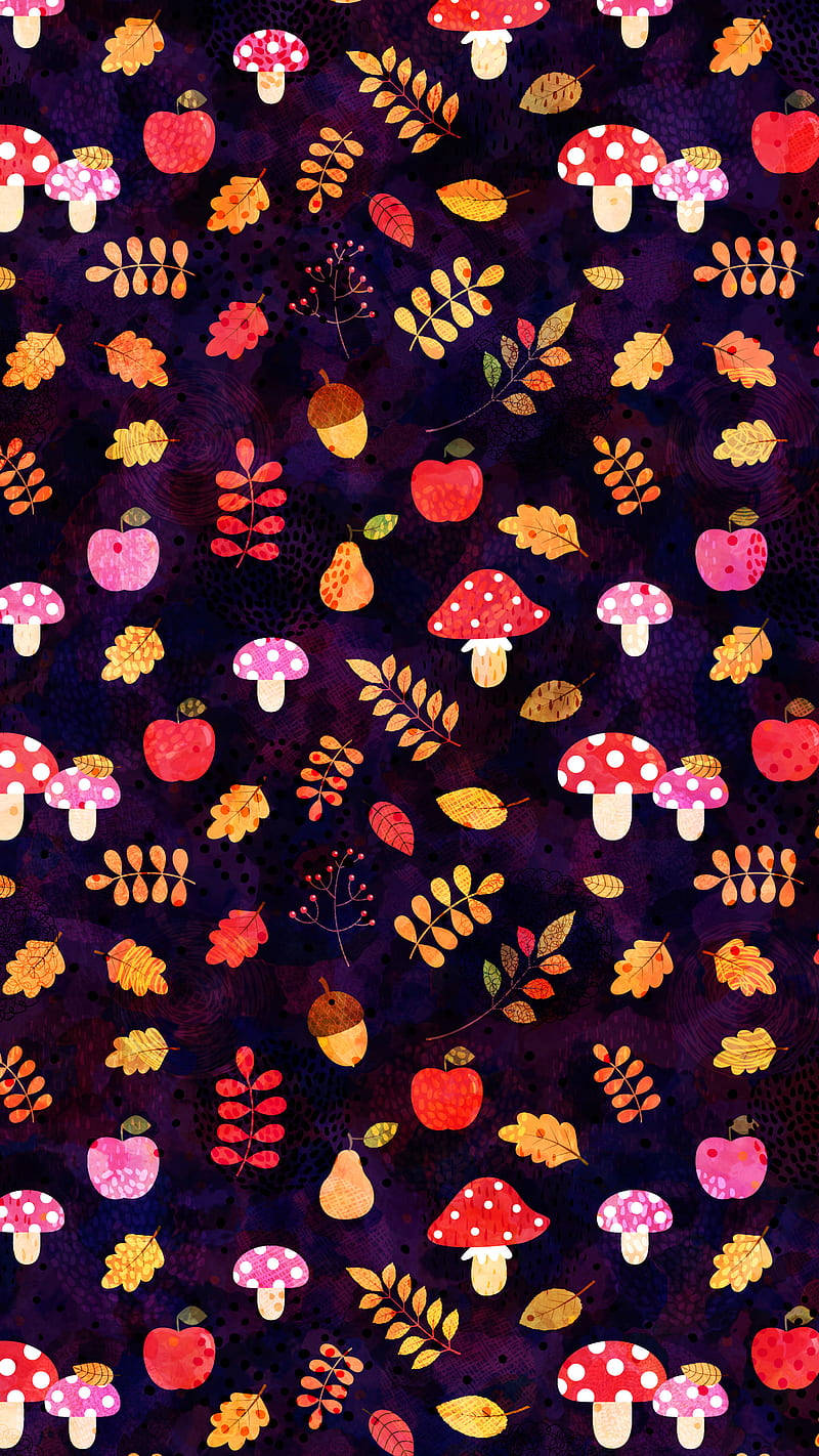 Cute Fall Phone Mushrooms And Leaves Wallpaper