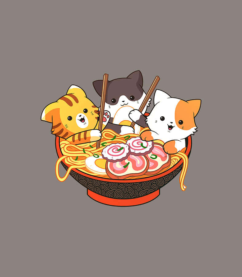 Cute Kawaii Cats Eating Ramen Wallpaper