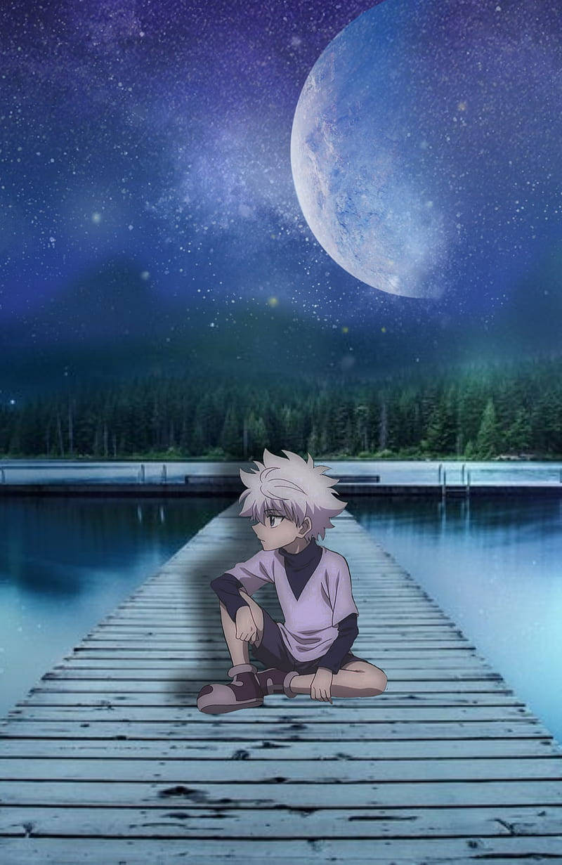 Cute Killua Sitting On A Bridge At Night Wallpaper
