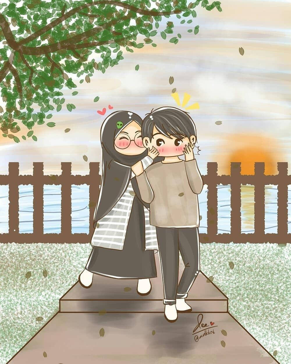 Cute Muslim Couple Cartoon Wallpaper