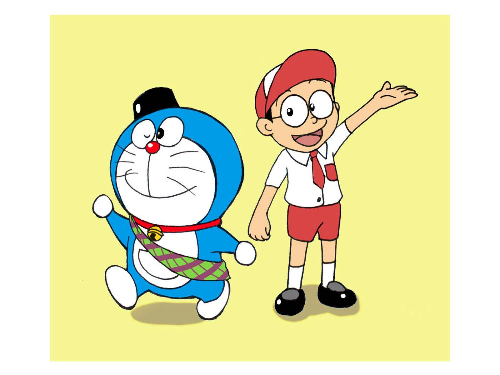Cute Nobita And Doraemon As Boy Scouts Wallpaper