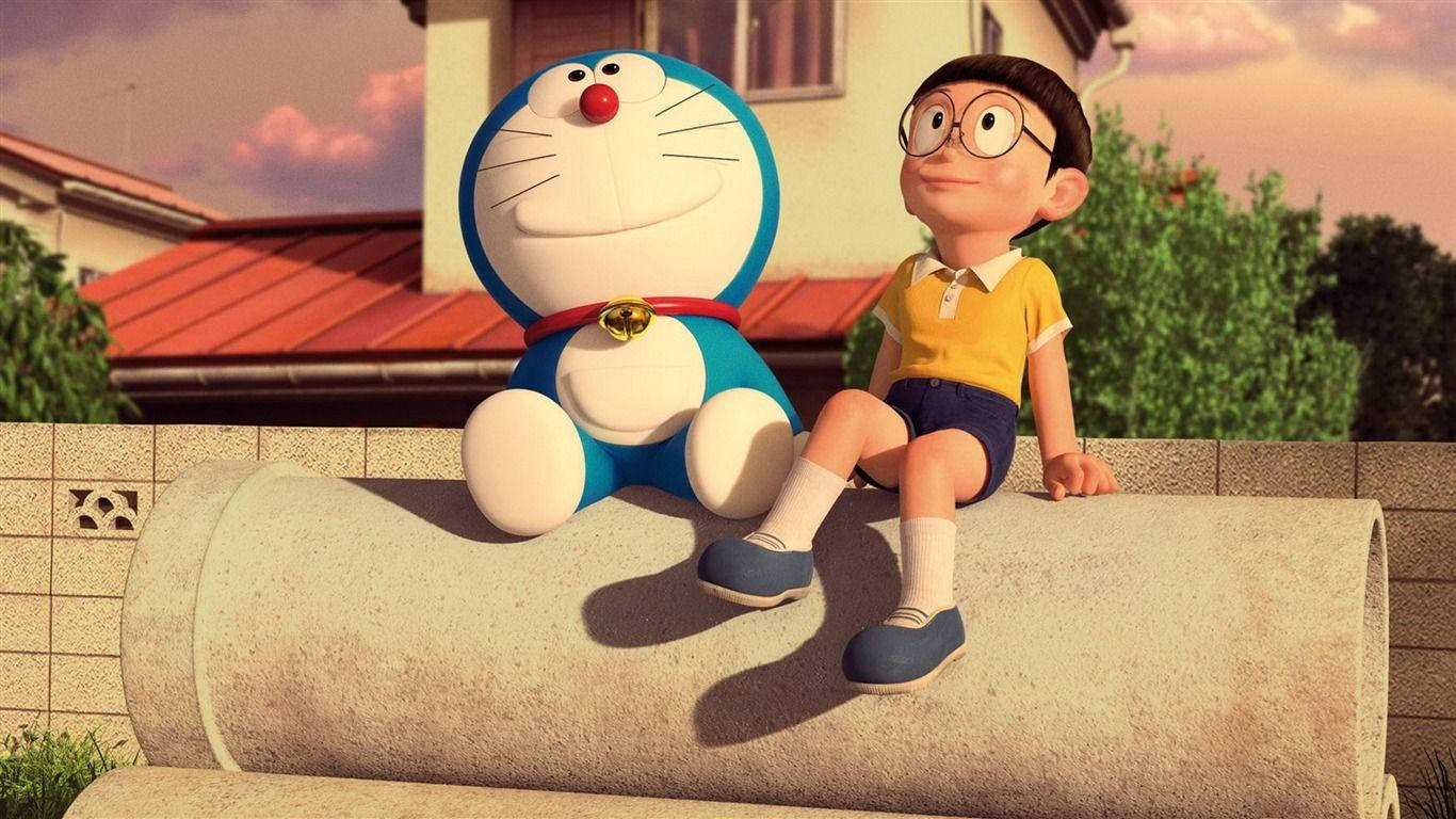 Cute Nobita And Doraemon Sitting On Pipes Wallpaper