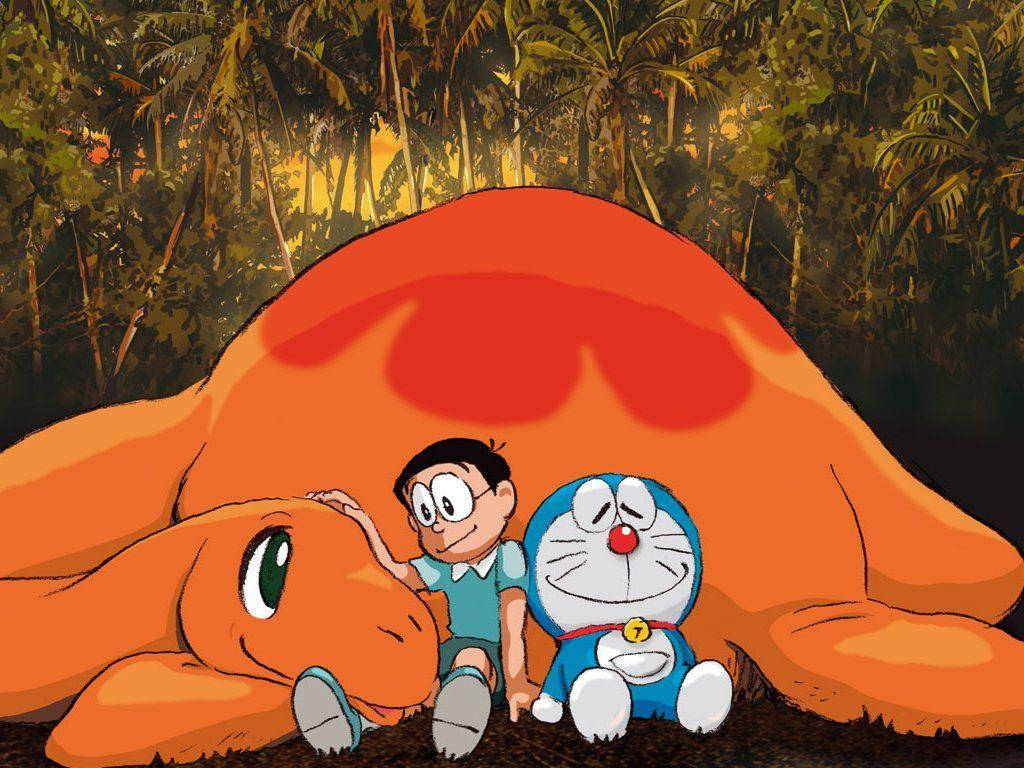 Cute Nobita And Doraemon With Dinosaur Wallpaper