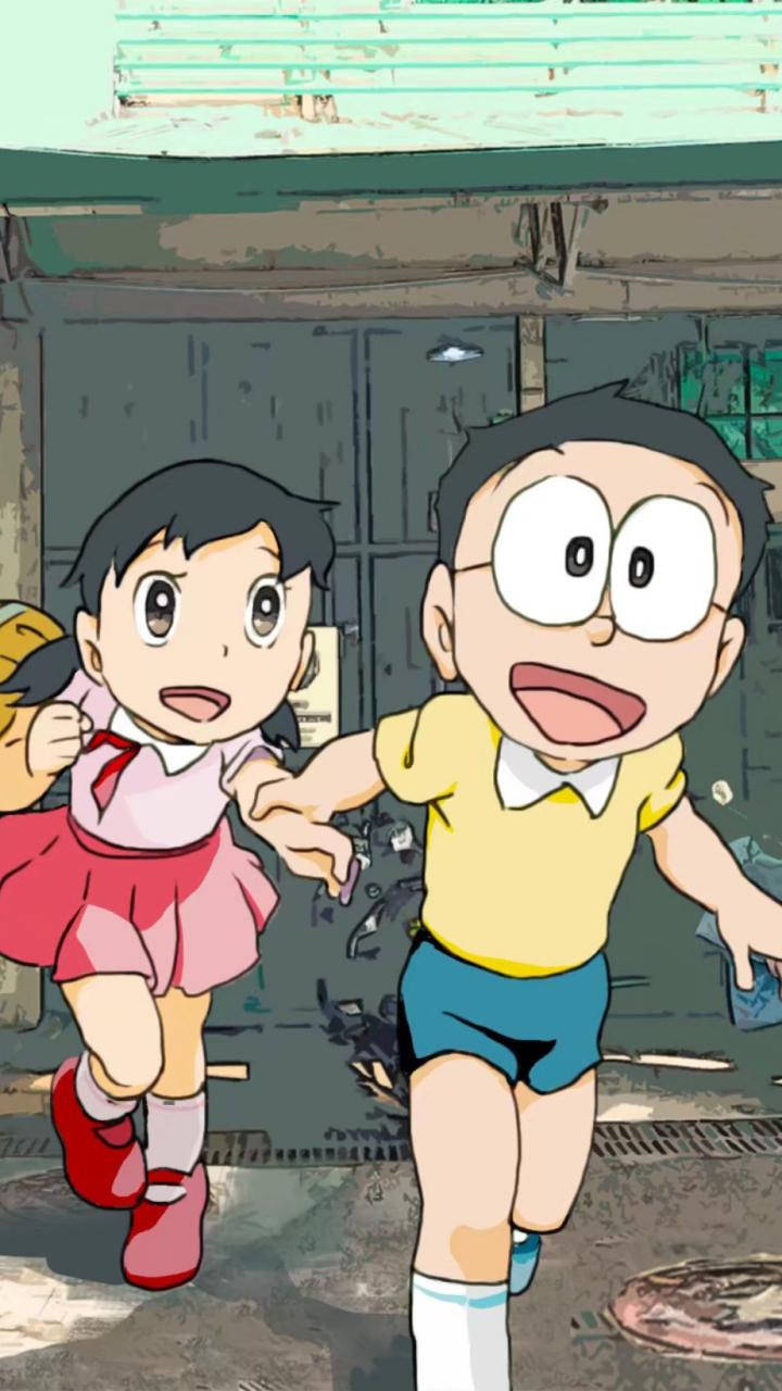 Cute Nobita And Shizuka Running Wallpaper