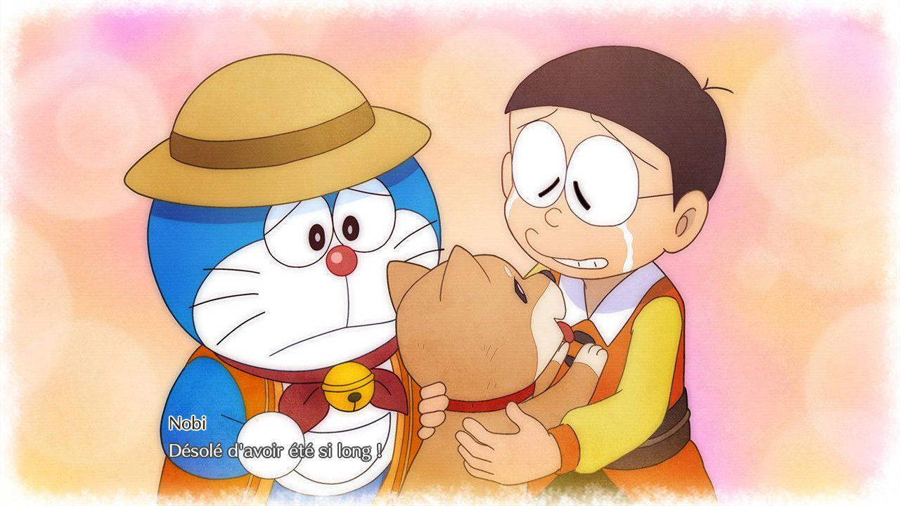 Cute Nobita Crying With Dog Wallpaper