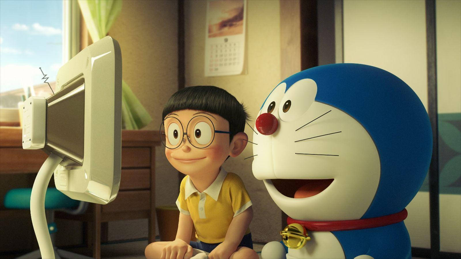 Cute Nobita Watching Tv With Doraemon Wallpaper